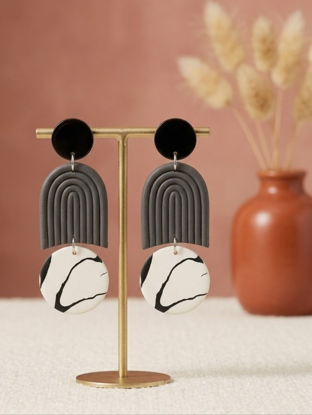 Polymer Clay Arch Statement Drop Earrings Modern Boho Black White Sterling Posts - Picture 9 of 17